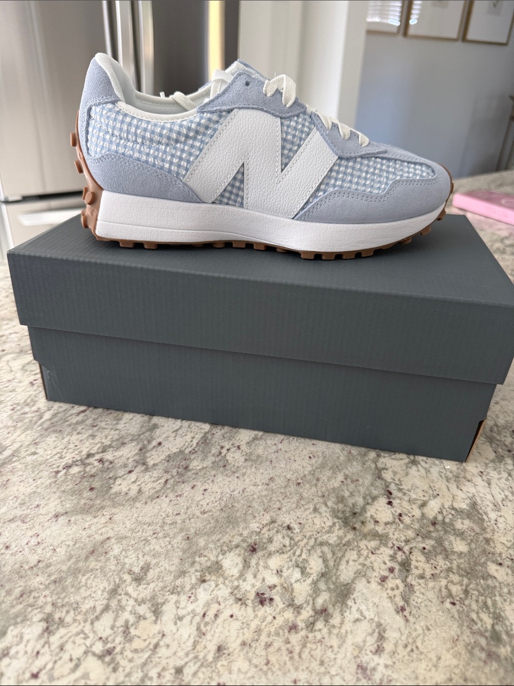 New Balance Light Blue & White Gingham 327 Style Sneaker
